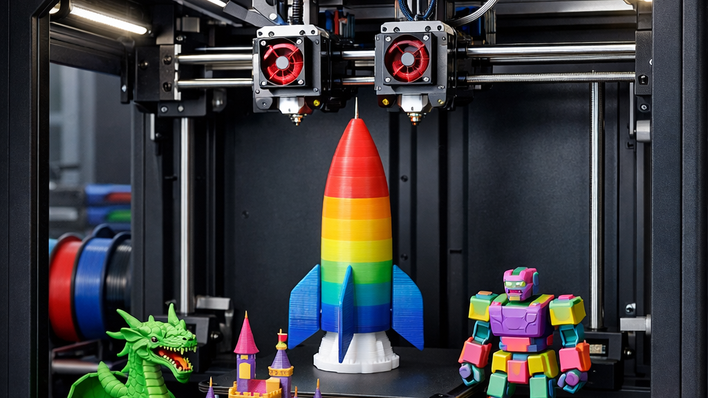 Colorful 3D printed models including a rocket, dragon, castle, robot, dog, toy car, and twisted ring on 3D printer platform
